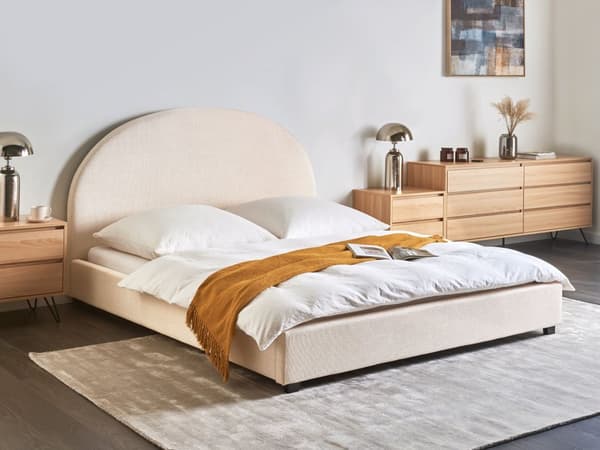 Seng Lysebeige Polyesterstoff 160 x 200 cm Halvrund sengegavl Minimalistisk og retro stil Soverom Dobbeltseng