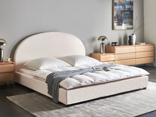Seng Off White Boucle 180 x 200 cm Moderne To Mands Blød Sengegavl Dobbeltseng Sengeramme Plys Design Stofseng