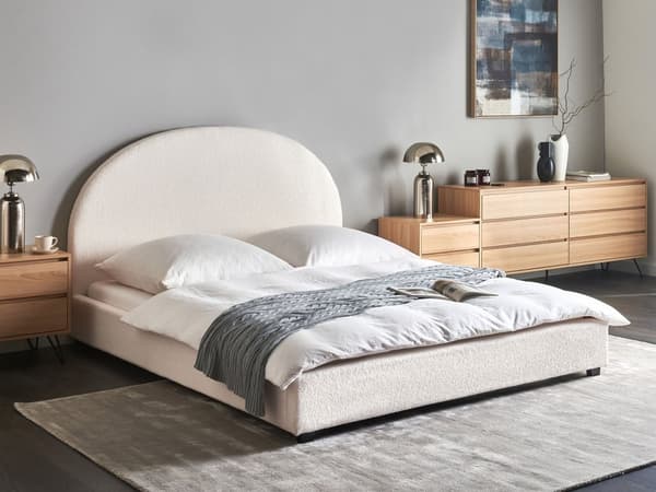 Seng Off White Boucle 160 x 200 cm Moderne To Mands Blød Sengegavl Dobbeltseng Sengeramme Plys Design Stofseng