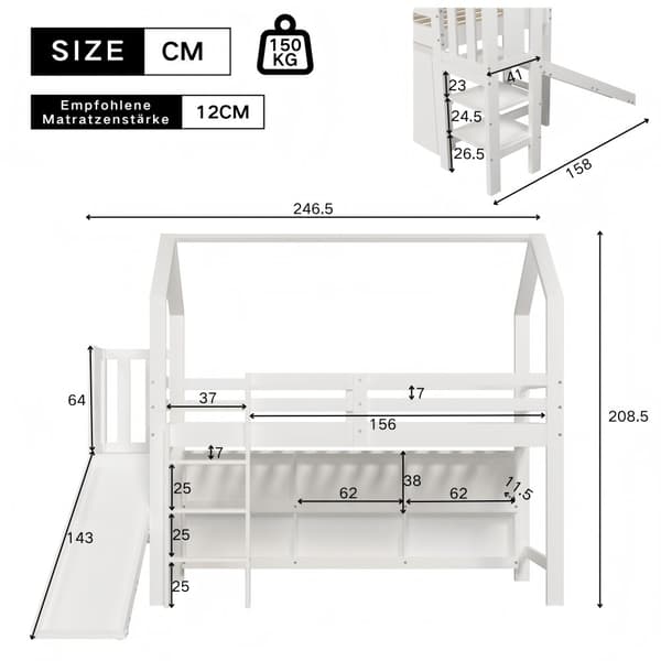 Mezzanine-vuode 90x200cm - liukumäki + portaat + kaappi + hylly - mäntyä ja MDF - valkoinen