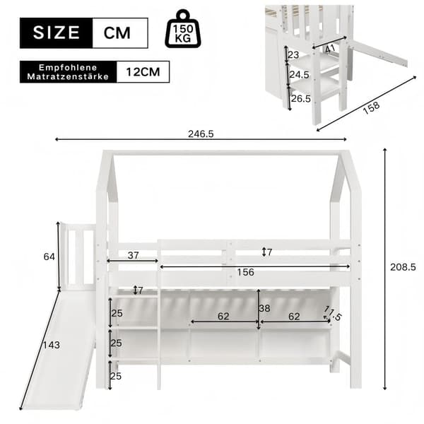 Mezzanine-vuode 90x200cm - liukumäki + portaat + kaappi + hylly - mäntyä ja MDF - valkoinen