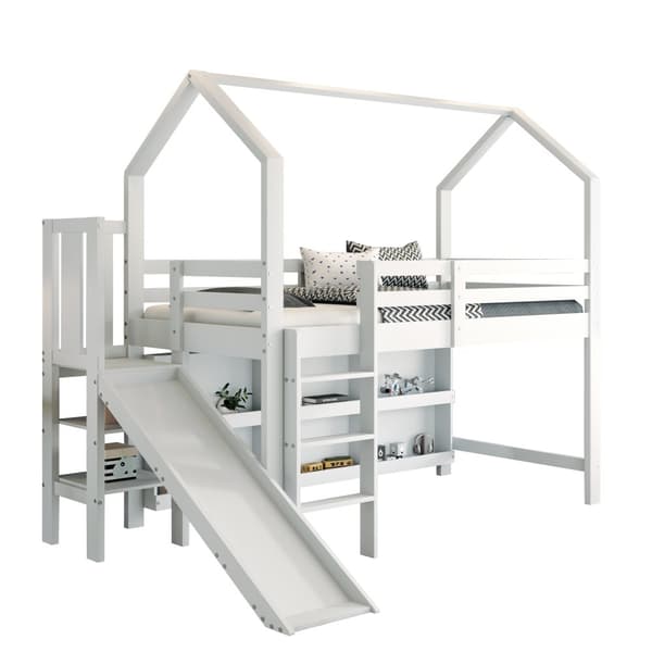 Mezzanine-vuode 90x200cm - liukumäki + portaat + kaappi + hylly - mäntyä ja MDF - valkoinen