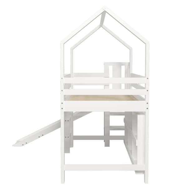 Mezzanine-vuode 90x200cm - liukumäki + portaat + kaappi + hylly - mäntyä ja MDF - valkoinen
