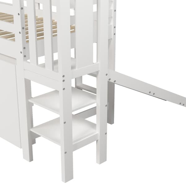 Mezzanine-vuode 90x200cm - liukumäki + portaat + kaappi + hylly - mäntyä ja MDF - valkoinen