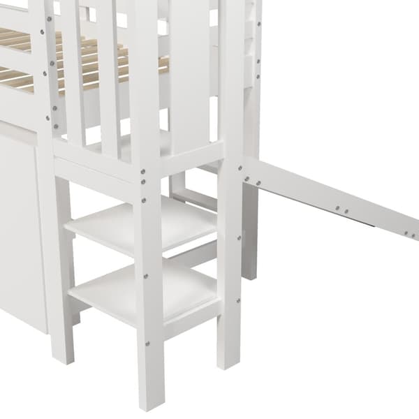 Mezzanine-vuode 90x200cm - liukumäki + portaat + kaappi + hylly - mäntyä ja MDF - valkoinen