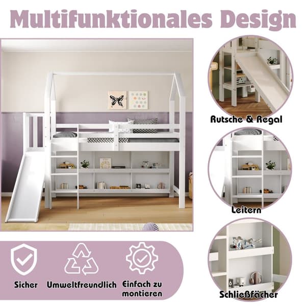 Mezzanine-vuode 90x200cm - liukumäki + portaat + kaappi + hylly - mäntyä ja MDF - valkoinen