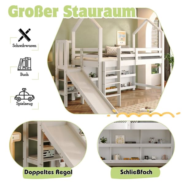 Mezzanine-vuode 90x200cm - liukumäki + portaat + kaappi + hylly - mäntyä ja MDF - valkoinen