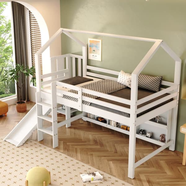 Mezzanine-vuode 90x200cm - liukumäki + portaat + kaappi + hylly - mäntyä ja MDF - valkoinen