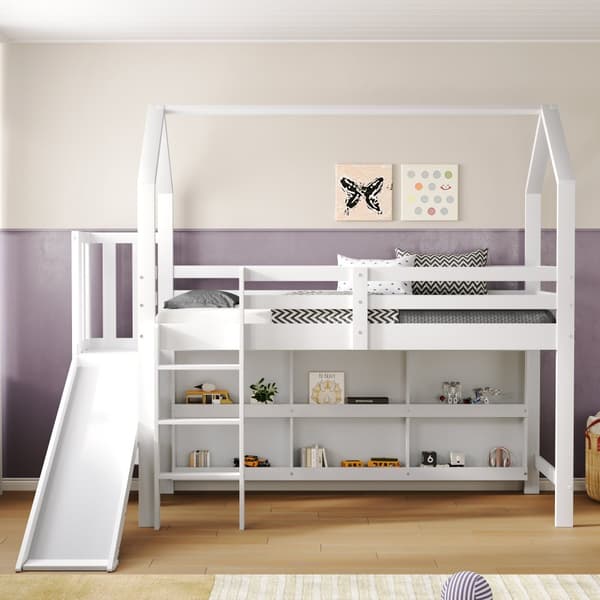 Mezzanine-vuode 90x200cm - liukumäki + portaat + kaappi + hylly - mäntyä ja MDF - valkoinen