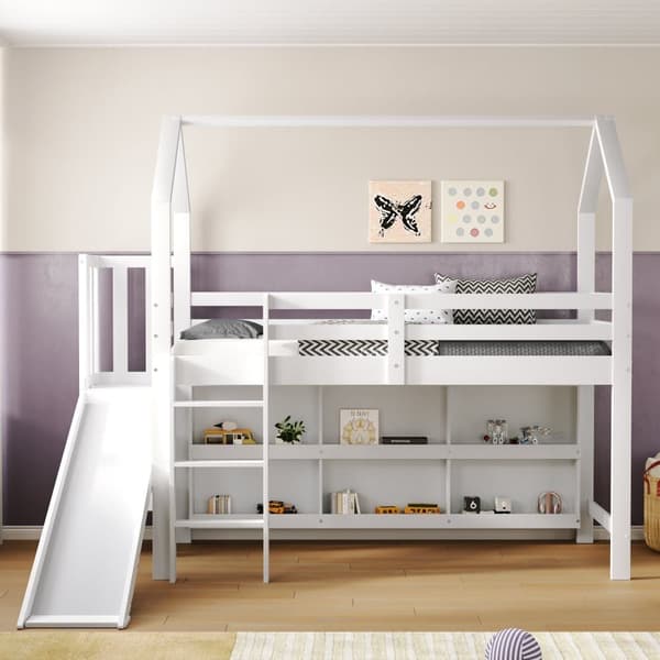 Mezzanine-säng 90x200cm - med glid + trappa + skåp + hylla - i furu och MDF - Vit