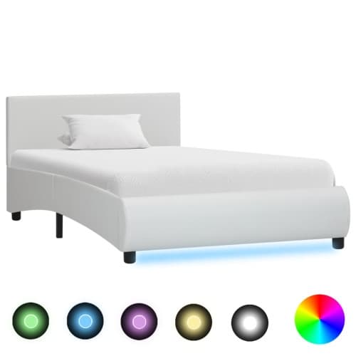 Sängram med LED vit konstläder 100x200 cm