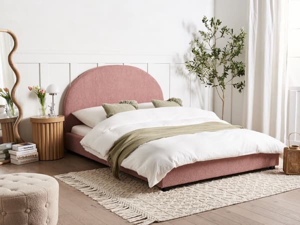 Seng Pastellrosa Boucle 140 x 200 cm Halvrund sengegavl Minimalistisk og retro stil Soverom Dobbeltseng