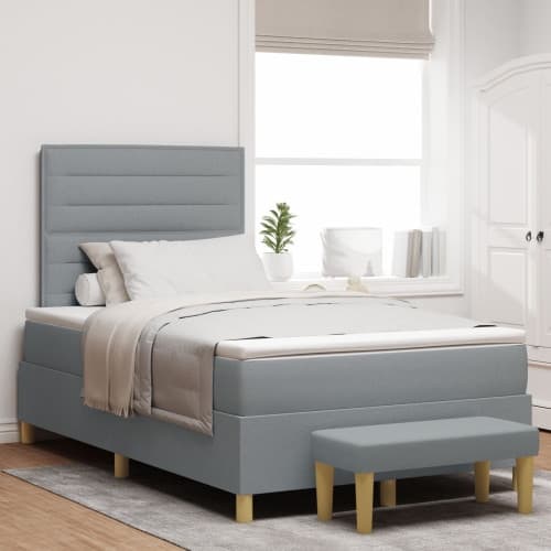 Box Spring Säng med Madrass & Bänk Ljusgrå 120x190 cm Tyg