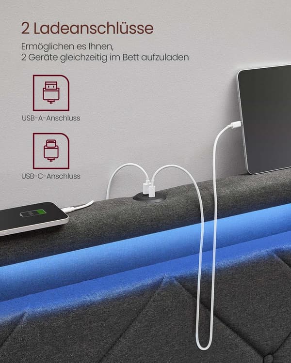 Tweepersoonsbedframe 160 x 200 cm met LED en 4 lades en laadstation
