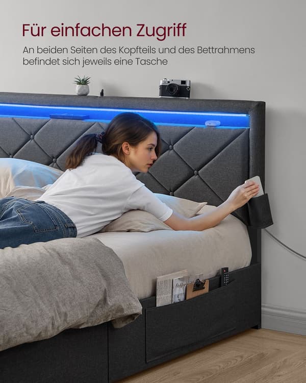 Tweepersoonsbedframe 160 x 200 cm met LED en 4 lades en laadstation