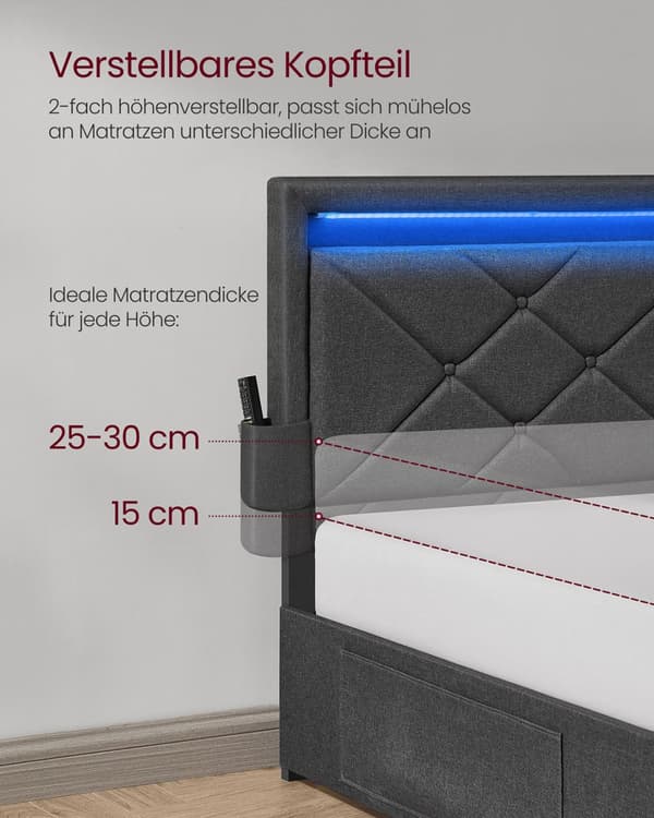 Tweepersoonsbedframe 160 x 200 cm met LED en 4 lades en laadstation