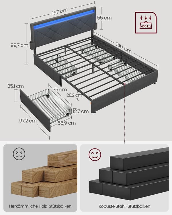 Tweepersoonsbedframe 160 x 200 cm met LED en 4 lades en laadstation