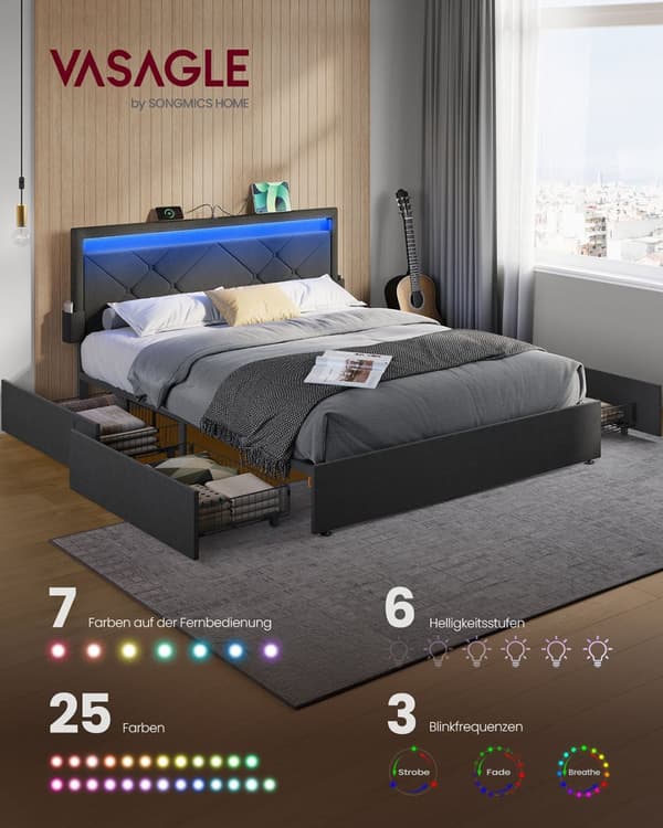 Tweepersoonsbedframe 160 x 200 cm met LED en 4 lades en laadstation