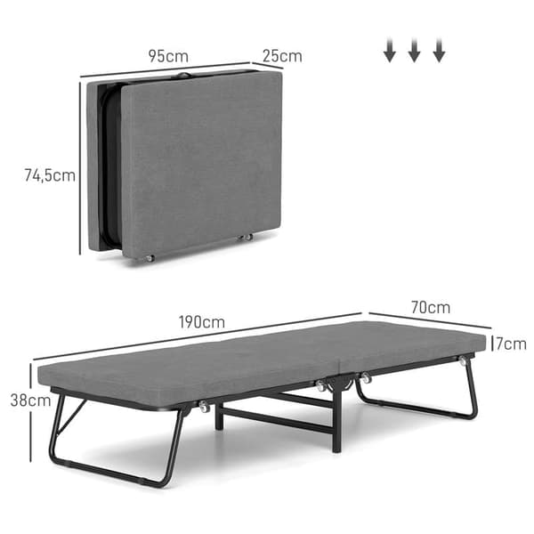 70 x 190 cm Tummanharmaa kokoontaittuva sänky, jossa 7 cm vaahtomuovipatja, säädettävä sängynpääty, pellavanäkö, metallirunko