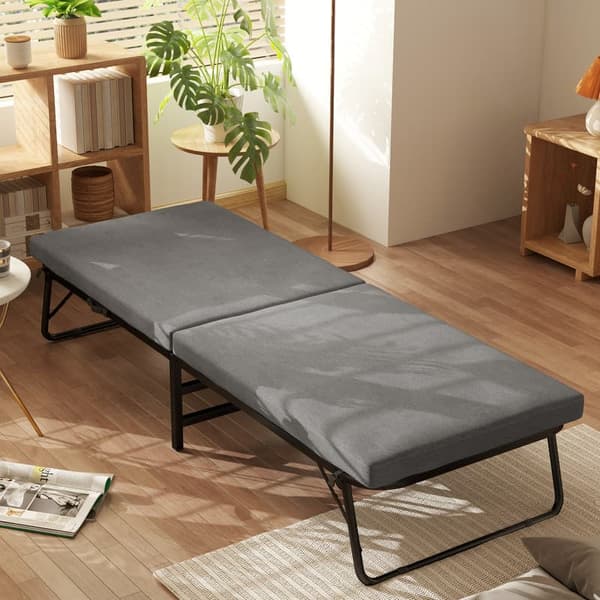 70 x 190 cm Tummanharmaa kokoontaittuva sänky, jossa 7 cm vaahtomuovipatja, säädettävä sängynpääty, pellavanäkö, metallirunko