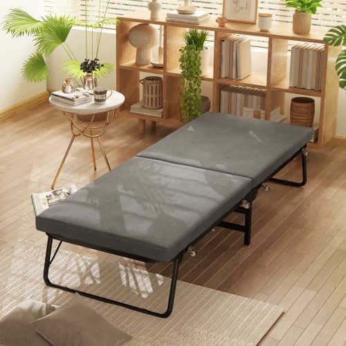 70 x 190 cm Mørkegrå klapseng med 7 cm skummadras, justerbar sengegavl, hørlook, metalstel