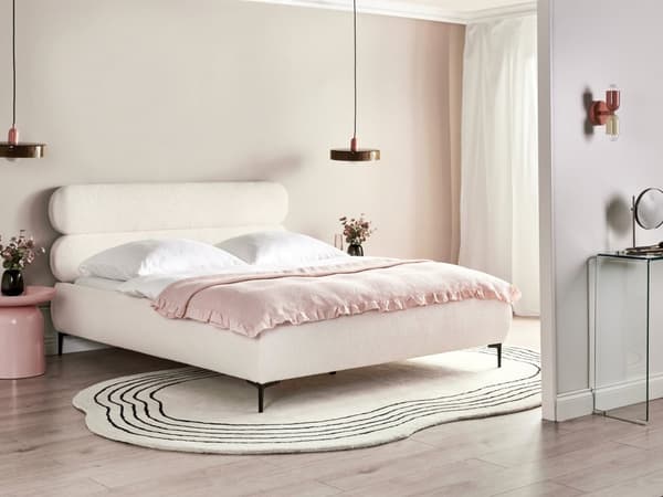 Seng Off White Boucle 160 x 200 cm Moderne Dobbeltseng Stof To Mands Seng med Metalben Høj Sengeramme Minimalistisk Design