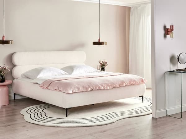 Seng Off White Boucle 180 x 200 cm Moderne Dobbeltseng Stof To Mands Seng med Metalben Høj Sengeramme Minimalistisk Design