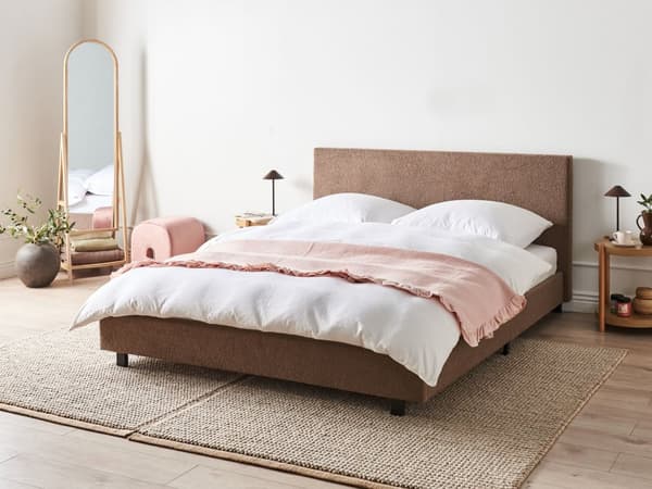 Sengeramme Beige Bouclé 140 x 200 cm Lamellbunn Sengegavl Moderne design Dobbeltseng Soverom