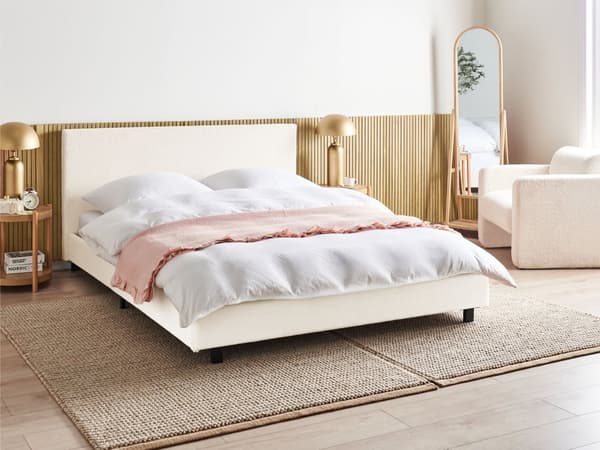 Sengeramme Off White Bouclé 160 x 200 cm Lamellbunn Sengegavl Moderne Design Dobbeltseng Soverom