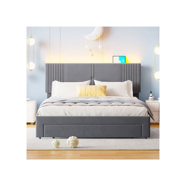 Lit capitonné 160 x 200 cm, dubbel, med ljusräffel och USB-port, ryggstöd och stora lådor, grå.