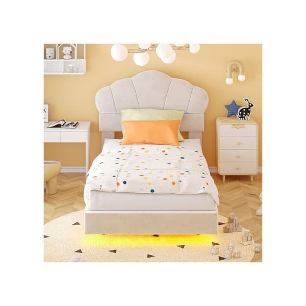 Säng med stoppad sänggavel 90*200cm, med LED-ljuslist, sänggavel i form av ett moln, gömd sängfot, beige (utan madrass)