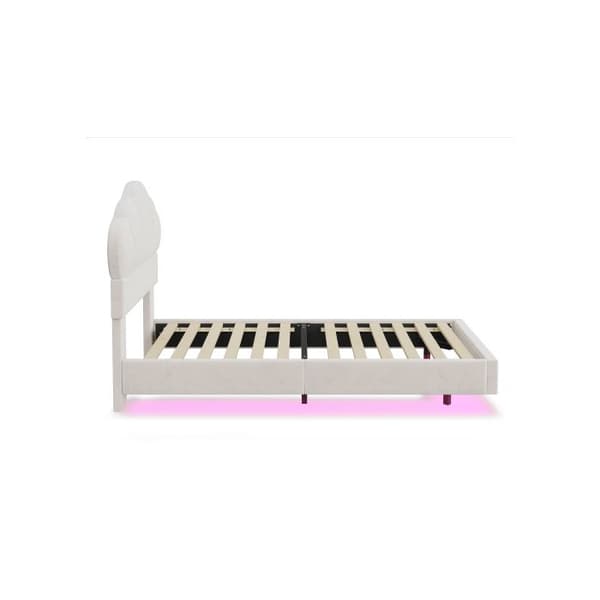 Säng med stoppad sänggavel 90*200cm, med LED-ljuslist, sänggavel i form av ett moln, gömd sängfot, beige (utan madrass)