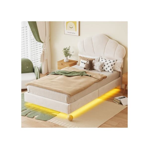 Säng med stoppad sänggavel 90*200cm, med LED-ljuslist, sänggavel i form av ett moln, gömd sängfot, beige (utan madrass)