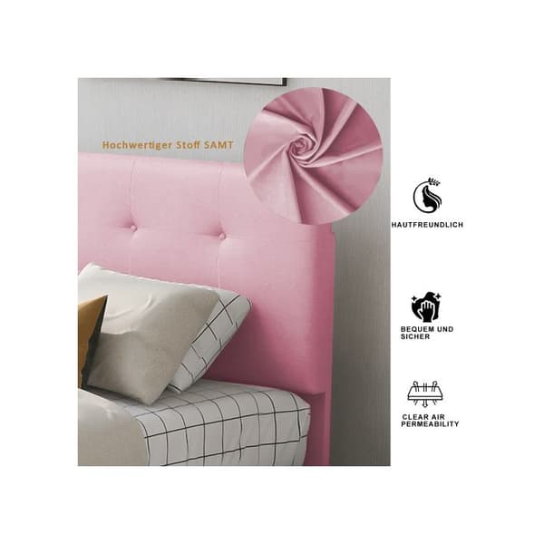 Lit med stoppad säng 90 x 200 cm, säng med lameller, ryggstöd och två lådor, mjukt sammetstyg för huden (rosa)