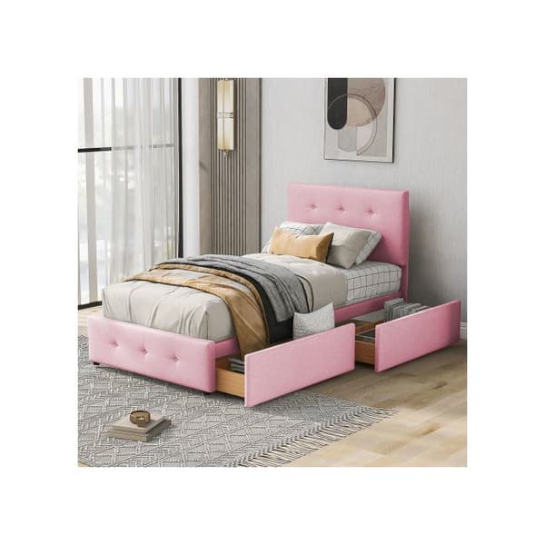 Lit med stoppad säng 90 x 200 cm, säng med lameller, ryggstöd och två lådor, mjukt sammetstyg för huden (rosa)