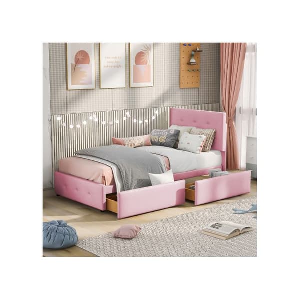 Lit med stoppad säng 90 x 200 cm, säng med lameller, ryggstöd och två lådor, mjukt sammetstyg för huden (rosa)