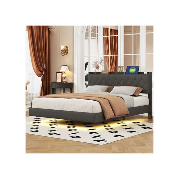 Uppfyllt säng 160*200 cm, med USB-laddning och LED-remsa med färgskiftande ljus, mjukt linne tyg för huden.