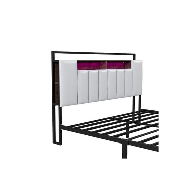 Säng med stoppning 160*200 cm, med LED-belysning, med USB-uttag, stapelbar, sängram i massivt järn, konstläder, vit