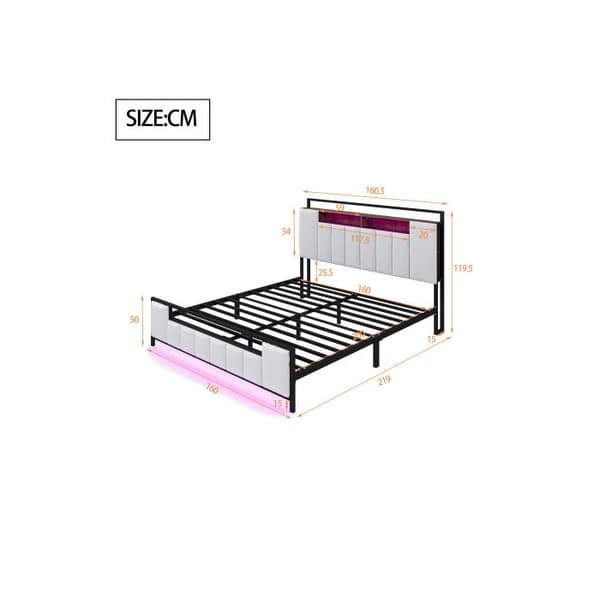 Säng med stoppning 160*200 cm, med LED-belysning, med USB-uttag, stapelbar, sängram i massivt järn, konstläder, vit