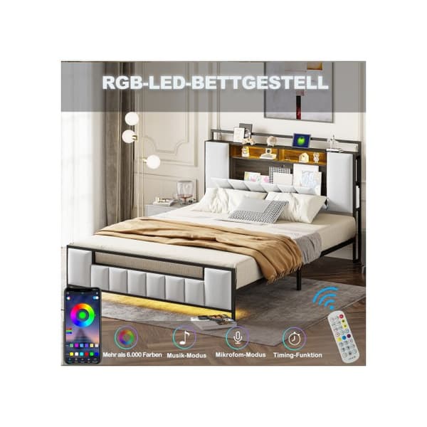 Säng med stoppning 160*200 cm, med LED-belysning, med USB-uttag, stapelbar, sängram i massivt järn, konstläder, vit