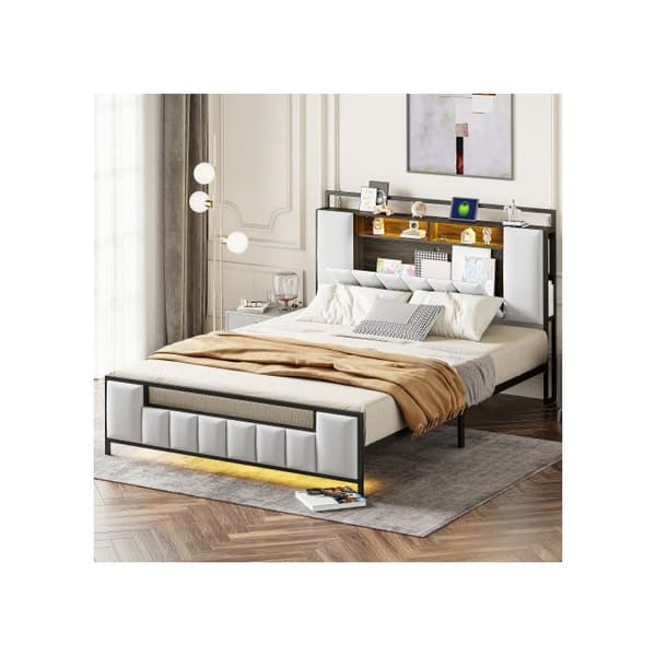 Säng med stoppning 160*200 cm, med LED-belysning, med USB-uttag, stapelbar, sängram i massivt järn, konstläder, vit