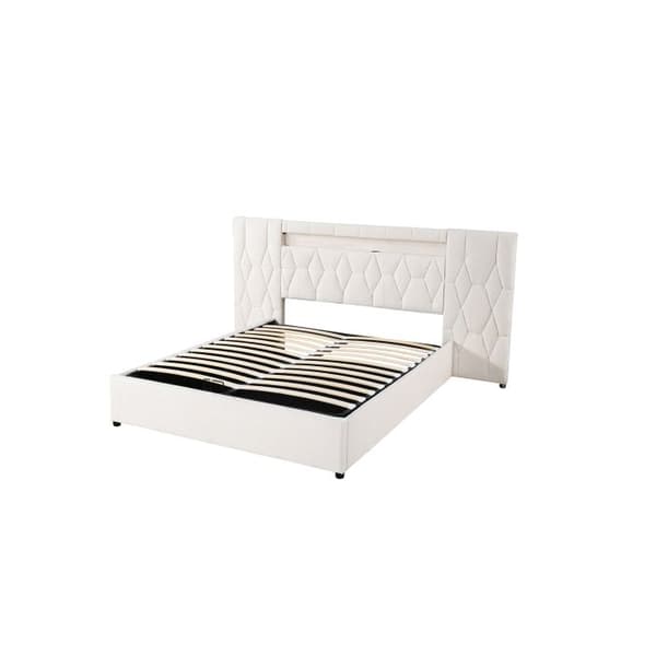 140x200 Elegant tufted säng, säng i sammet med LED och USB-uttag, klassisk beige säng