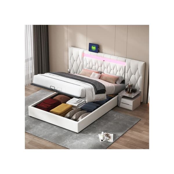140x200 Elegant tufted säng, säng i sammet med LED och USB-uttag, klassisk beige säng