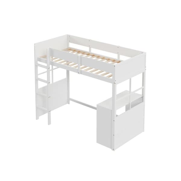 Ställbar våningssäng i trä 90*200cm, säkerhetsstege, med bord, hög räckesdesign, enkelsäng, barnsäng, vit