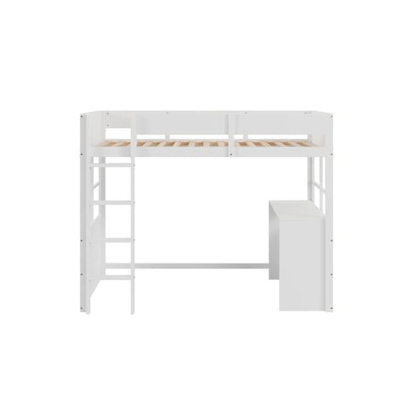 Ställbar våningssäng i trä 90*200cm, säkerhetsstege, med bord, hög räckesdesign, enkelsäng, barnsäng, vit