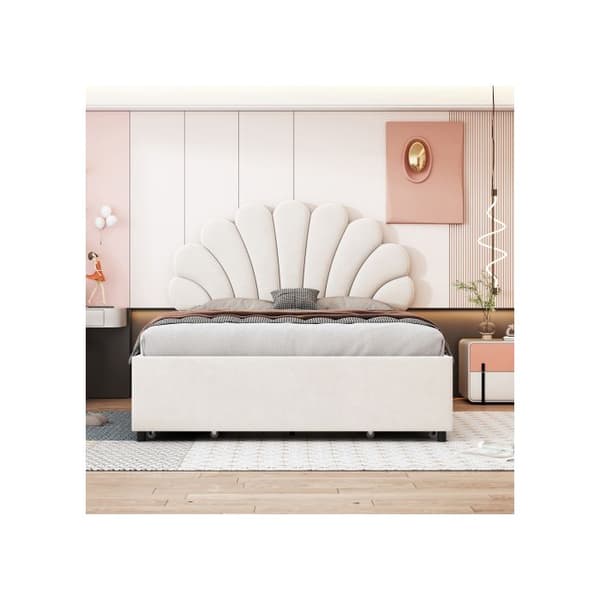Upphöjd säng 140 x 200 cm, sängram med blommig sänggavel och ribbbotten med förvaringsutrymmen, beige