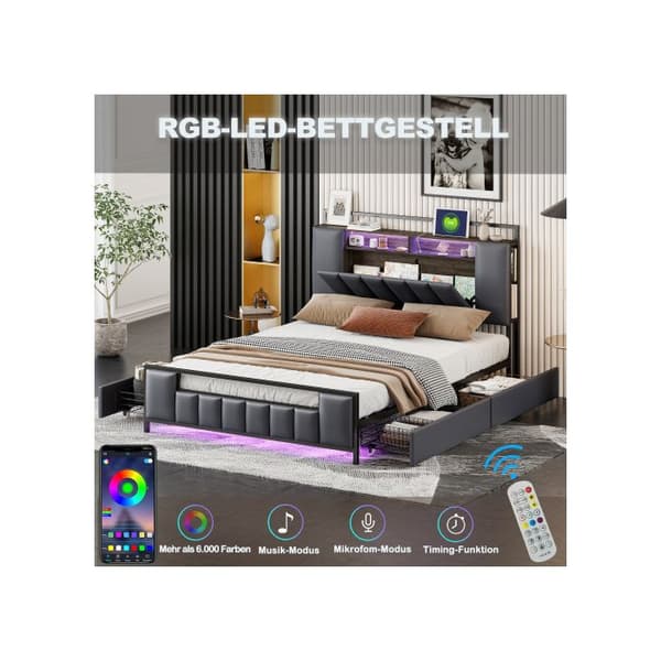 Säng med vadderad ram 140*200 cm, multifunktionell säng med LED-belysning, med USB-port, med lådor, konstläder, grå