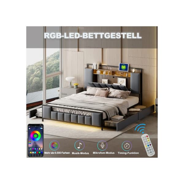Säng med vadderad ram 140*200 cm, multifunktionell säng med LED-belysning, med USB-port, med lådor, konstläder, grå