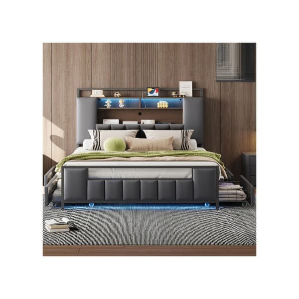 Bäddsoffa 160*200 cm, multifunktionell säng, med LED-belysning, med USB-port, med lådor, konstläder, grå