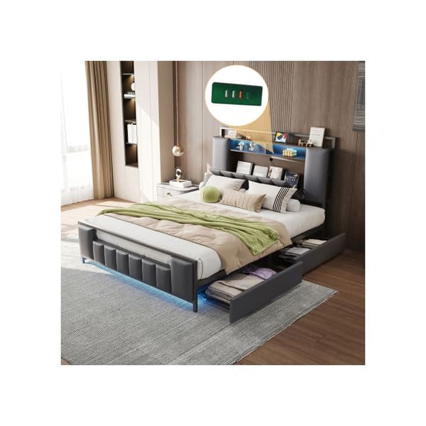 Bäddsoffa 160*200 cm, multifunktionell säng, med LED-belysning, med USB-port, med lådor, konstläder, grå